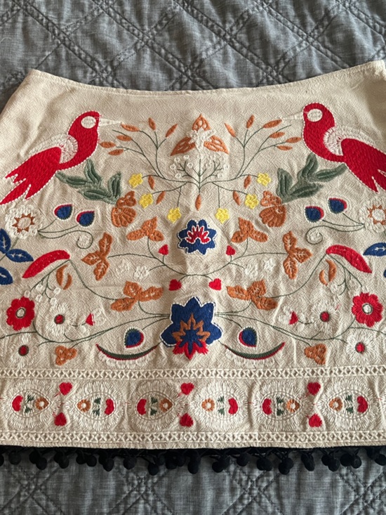 Altar'd State Dresses & Skirts - Embroidered Boho Cream Floral Skirt with Red Birds